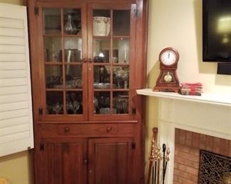 Really beautiful corner storage/display hutch, over 6' tall with lower cabinet section, drawer, & glass-door upper display, fireplace set, child's wooden chair, wooden cane