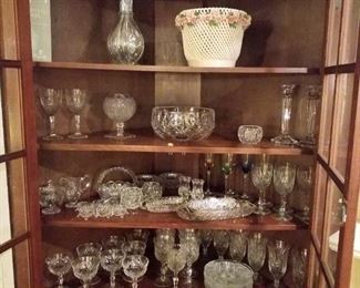 "Eleanor" by American Cut crystal includes sherbet, water goblets, ice teas, salad plates, & covered sugar & creamer, 4-chamber decanter(France), Italian ceramics, large crystal serving bowl, crystal candlestick pair, Tiffany & Co tealight votives, crystal salt cellars
