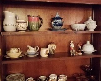 Milk glass, demitasse cups & saucers, Amber glass, china salad/dessert plates, 2 Hummel figurines,  Bunnykins cup, 2 bowls, & plate, small pitcher & plate-daisy decor, 3 pitchers