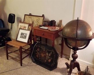 Floor globe, painted metal serving tray, rush-seat wood side chairs, wood side table 