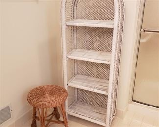 Pair of wicker pieces. Stool is 18" high and rounded shelving piece is 57" tall.