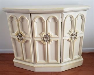 Entry table with center open door panel. 14" deep x 35" wide x 29" tall.