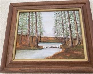 Oil painting of tall pines. 11" x 13".