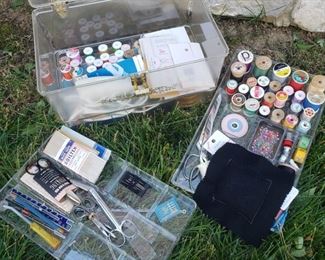 Fully outfitted Lucite sewing box. 14" x 8" x 9"
