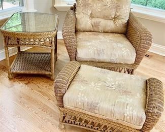 Bruce & Co. Rattan Arm Chair w/ adjustable rod back & Silk Upholstered Cushion’s  38w x 18d x 38h  $425
Matching 32.5w x 22d x 18h footrest with silk cushion
2 tier Rattan glass top table 38 x 25 $135