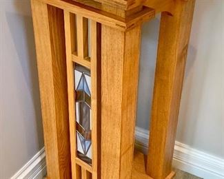 Mission Style Solid Oak pedestal style with side inlaid stain-glass 15 x 15 x 36h $115