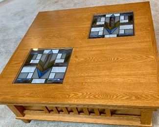 Mission Style Solid Oak Stainglass inlaid, 
 2 tier coffee table 44 x 44 x 17h $185