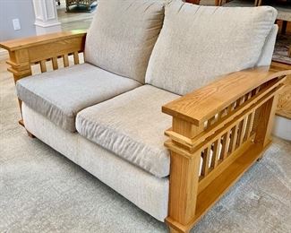 Mission Style Solid Oak 59w x 39d x 36.5h Cushioned Loveseat $350