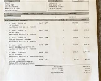 Receipt for sectional sofa & 2 blue & white floral recliner chairs 