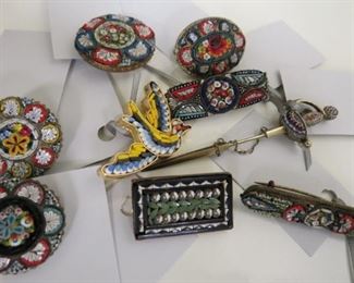 Antique micro mosaic pins including a rare sword stick pin.