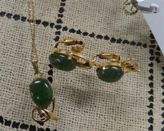 Gold filled and jade pendant necklace and earrings.