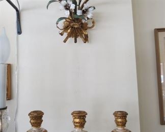 Beautiful pair of French wood and metal wall sconces.