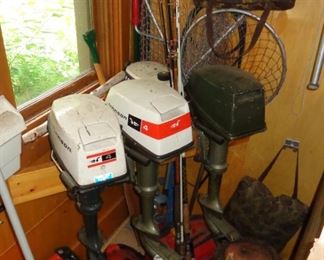 3  vintage Johnson 4 hp outboard motors and an Evinrude 2 hp