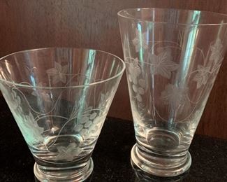 8 Short and 8 Tall Etched Glasses - Short 4"H x 4"W - Tall 5 1/2"H x 3 3/4" - All $30