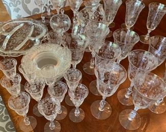 Large Lot of Antique Etched Crystal Glassware - $200 - Chips on 12 glasses - 14 Large Goblets at 8", 10 Small Goblets at 6", 8 Apertif at 6", 7 Plates at 7", 1 Pitcher at 8 1/2", 1 Tray at 12" x 11"