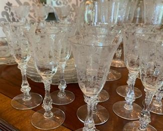 Alternate view - Large Lot of Antique Etched Crystal Glassware - $200 - Chips on 12 glasses - 14 Large Goblets at 8", 10 Small Goblets at 6", 8 Apertif at 6", 7 Plates at 7", 1 Pitcher at 8 1/2", 1 Tray at 12" x 11"