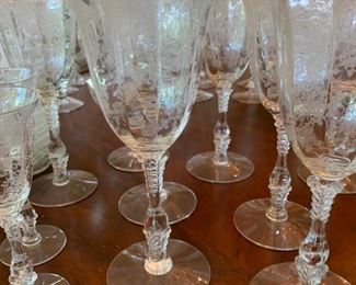 Alternate view - Large Lot of Antique Etched Crystal Glassware - $200 - Chips on 12 glasses - 14 Large Goblets at 8", 10 Small Goblets at 6", 8 Apertif at 6", 7 Plates at 7", 1 Pitcher at 8 1/2", 1 Tray at 12" x 11"