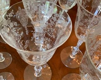 Alternate view - Large Lot of Antique Etched Crystal Glassware - $200 - Chips on 12 glasses - 14 Large Goblets at 8", 10 Small Goblets at 6", 8 Apertif at 6", 7 Plates at 7", 1 Pitcher at 8 1/2", 1 Tray at 12" x 11"