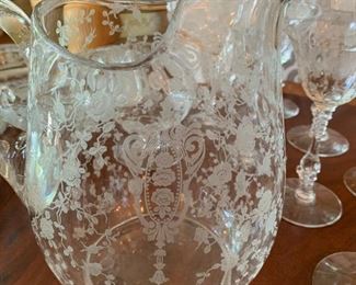Alternate view - Large Lot of Antique Etched Crystal Glassware - $200 - Chips on 12 glasses - 14 Large Goblets at 8", 10 Small Goblets at 6", 8 Apertif at 6", 7 Plates at 7", 1 Pitcher at 8 1/2", 1 Tray at 12" x 11"