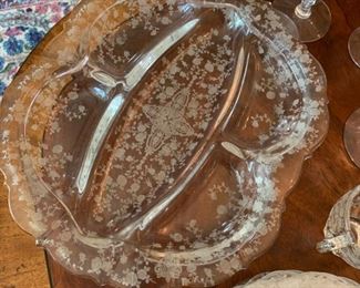 Alternate view - Large Lot of Antique Etched Crystal Glassware - $200 - Chips on 12 glasses - 14 Large Goblets at 8", 10 Small Goblets at 6", 8 Apertif at 6", 7 Plates at 7", 1 Pitcher at 8 1/2", 1 Tray at 12" x 11"