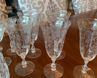 Alternate view - Large Lot of Antique Etched Crystal Glassware - $200 - Chips on 12 glasses - 14 Large Goblets at 8", 10 Small Goblets at 6", 8 Apertif at 6", 7 Plates at 7", 1 Pitcher at 8 1/2", 1 Tray at 12" x 11"