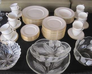 Lenox China (Federal Gold). Crystal serving pieces.