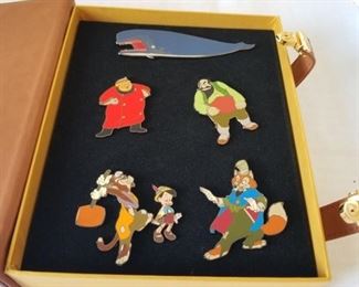 RARE find! Pinocchio "The Search for Imagination" Event 6-pin boxed set Limited Edition. Only 250 made, this is #209/250. With original box. Unlock the leather like book to show the pins. Each pin has the edition number on the back. Never used, kept in original box. Book is about 6" x 8" x 2"thick