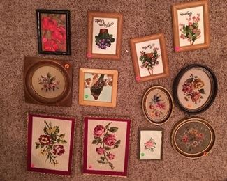 Needlepoint, embroidered and cross stitch art