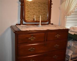 Gorgeous Antique 5 Drawer Dresser with Beautiful Sh-eval Mirror with Carved Top turned Spool posts