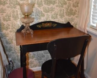 Gorgeous Antique Tole Painted Desk and matching Antique Desk Chair, plus Beautiful Lantern with Fluted Edge Lantern