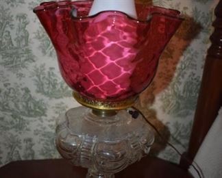 Gorgeous Antique Lantern with Ornate Glass Base and Cranberry Glove plus Antique Lamp Table with Rectangular Top and Beautifully Turned Base