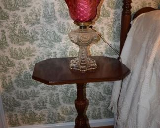 Gorgeous Antique Lantern with Ornate Glass Base and Cranberry Glove plus Antique Lamp Table with Rectangular Top and Beautifully Turned Base