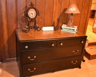 Antique 4 Drawer Chest, Oil Lamp with Vintage Shade, Mantle style Clock