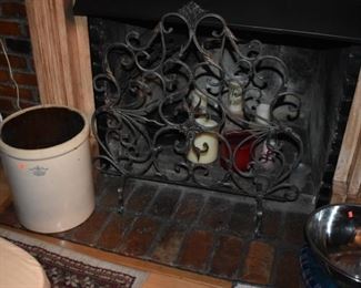 Antique 6 gallon crock and Beautiful Ornate Iron Firescreen 