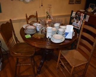 Antique Round Oak Table with beautiful Turned Column Base plus China and Collectibles