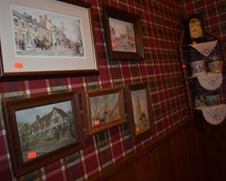 Beautiful Framed Vintage and Antique Prints plus Bamboo Corner Cabinet and Collectibles