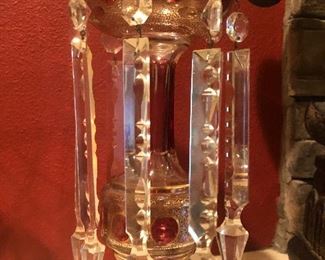 One of Pair of Moser Cranberry/ Clear Lusters