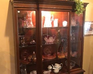 Hickory China Cabinet contents  Meissen Tea Set, Baccarat Rose Tiente ( Swirl & Diamond Swirl), Boheian Cranberry Lusters & Center Bowl, Bohgemian Cranberry Butter, Sugar & Creamer 3 pc Matching set, ABP Vase, ABP Pitcher and 4 Tumblers