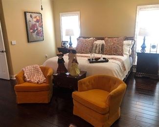 King Size Mahogany Sleigh Bed, Barrel Chairs,