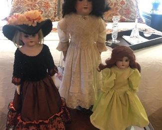 Antique Dolls -Left- 17.5"h. Peter Scherf - 1899 0 1/2 Doll ,  Center Back- 22"h. Armand Marseille 370 Doll,   Right- 13.5"h. Unmarked Antique Porcelain Doll 