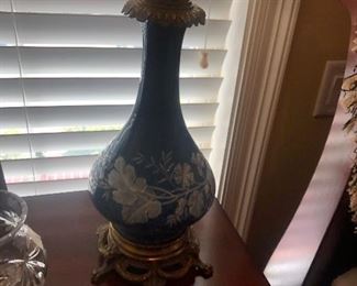 One of Pair of Blue Pate Sur Pate Lamps