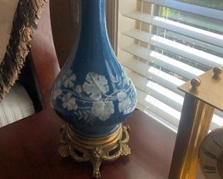 One of Pair of Blue Pate Sur Pate Lamps