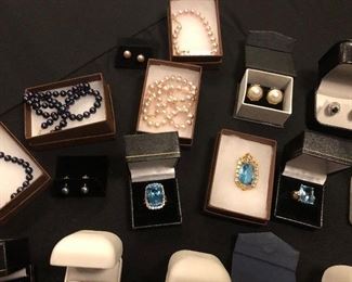 Gold and Precious Stone pieces, Swiss Blue Topaz, Rubies, Emeralds, Sapphires, Diamonds, Aqua and other precious stones.  Tahitian Black Pearls, Blush pearls, Natural Mabe Pearl Earrings 