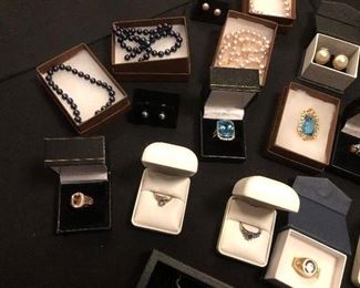 Gold and Precious Stone pieces, Swiss Blue Topaz, Rubies, Emeralds, Sapphires, Diamonds, Aqua and other precious stones.  Tahitian Black Pearls, Blush pearls, Natural Mabe Pearl Earrings 