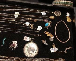 10-18K gold items.  18K Emerald & Diamond Bracelet, 14K Pocket Watch, Etc