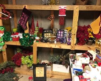 christmas bulbs and decor, silk flowers, and other holiday decorations