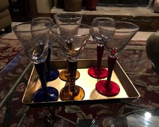Set of art glass cordials with goldleaf tray gift sets.  New in box.  8 sets