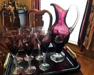 Hand blown and hand painted Portuguese  wine decanter and cordials