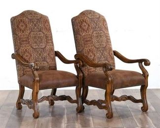 Pair Carved Gothic Revival Armchairs W Nailhead Trim