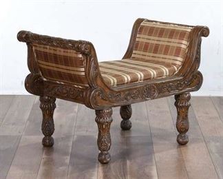 Carved French Empire Settee Bench W Raw Silk Upholstery